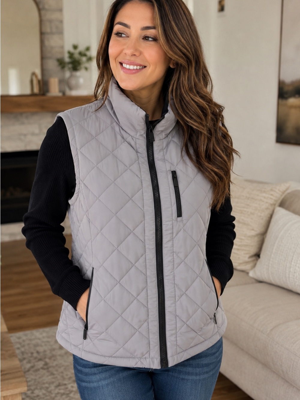 Andrew Marc Quilted Sleeveless Vest - Light Gray with Black Trim